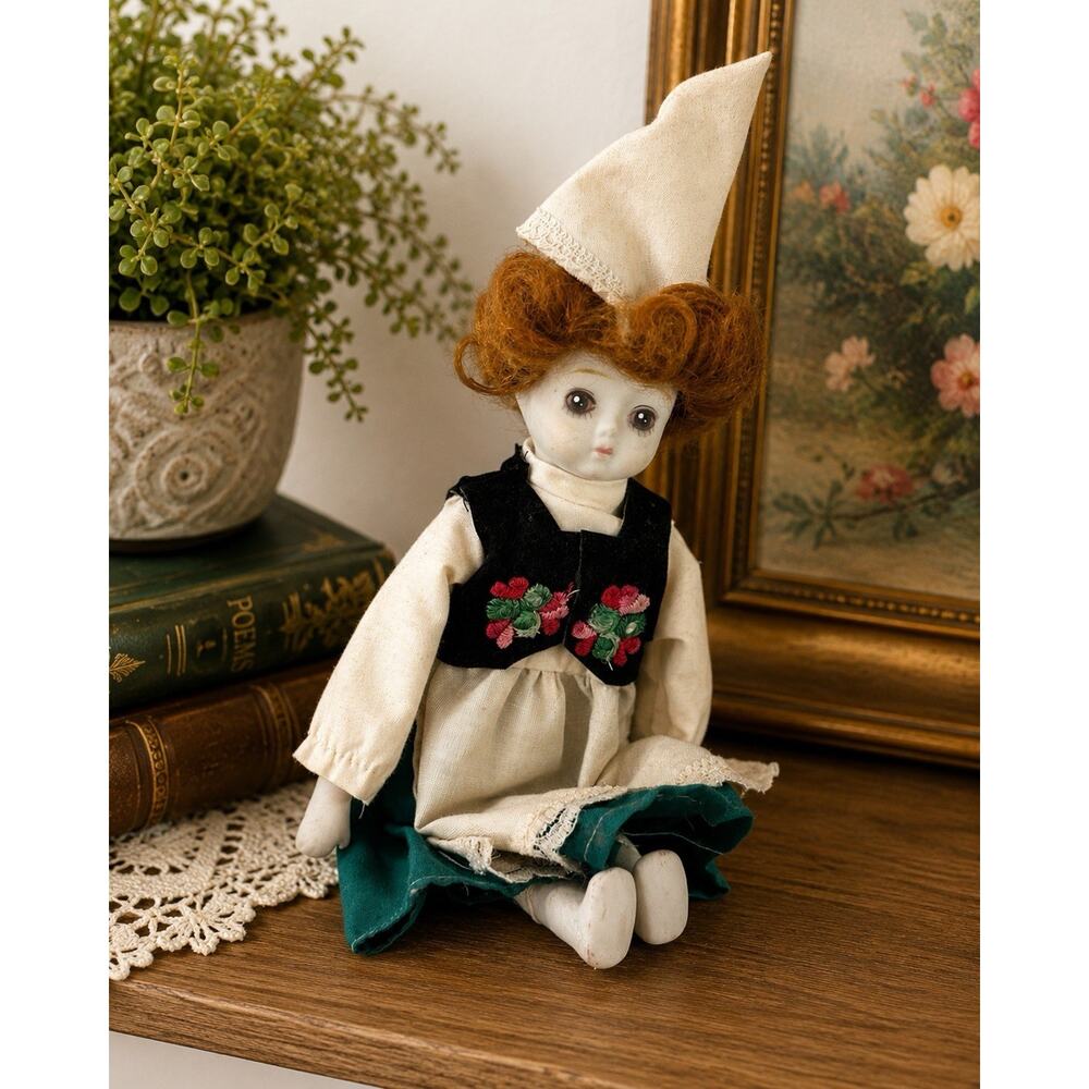 Vintage Scandinavian Folk Doll Norway Sweden Bisque Face Red Hair 9” Costume